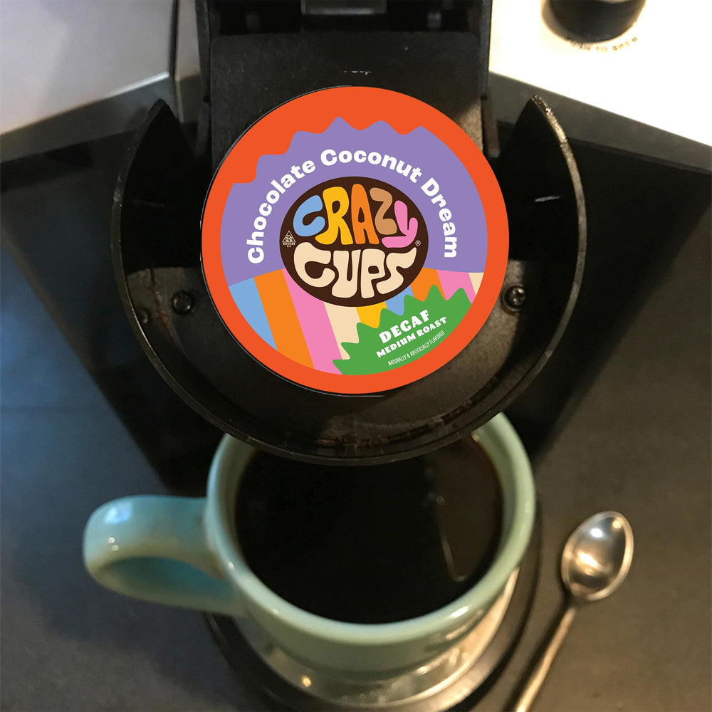 Office break-room setup with Crazy Cups decaf pods for quick boosts