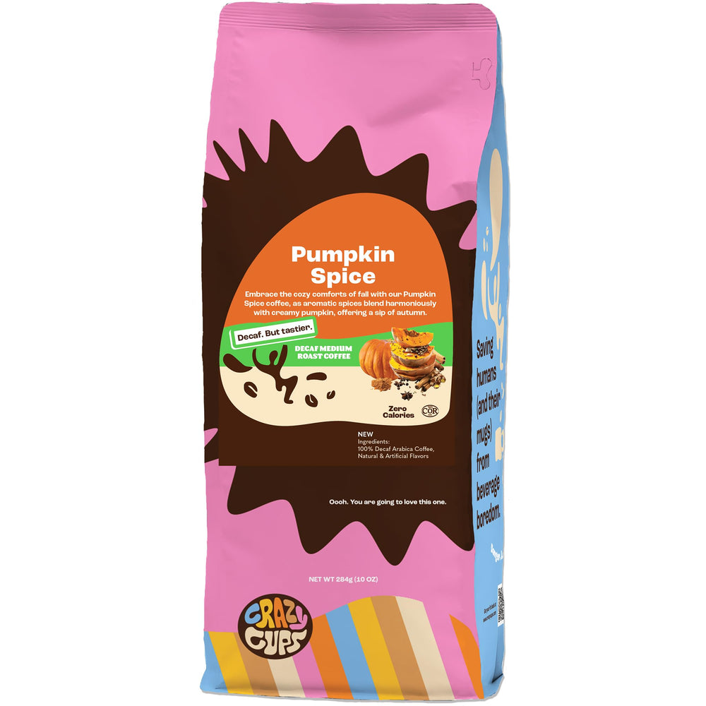 Crazy Cups decaf pumpkin spice ground coffee bag ready for evening brew.