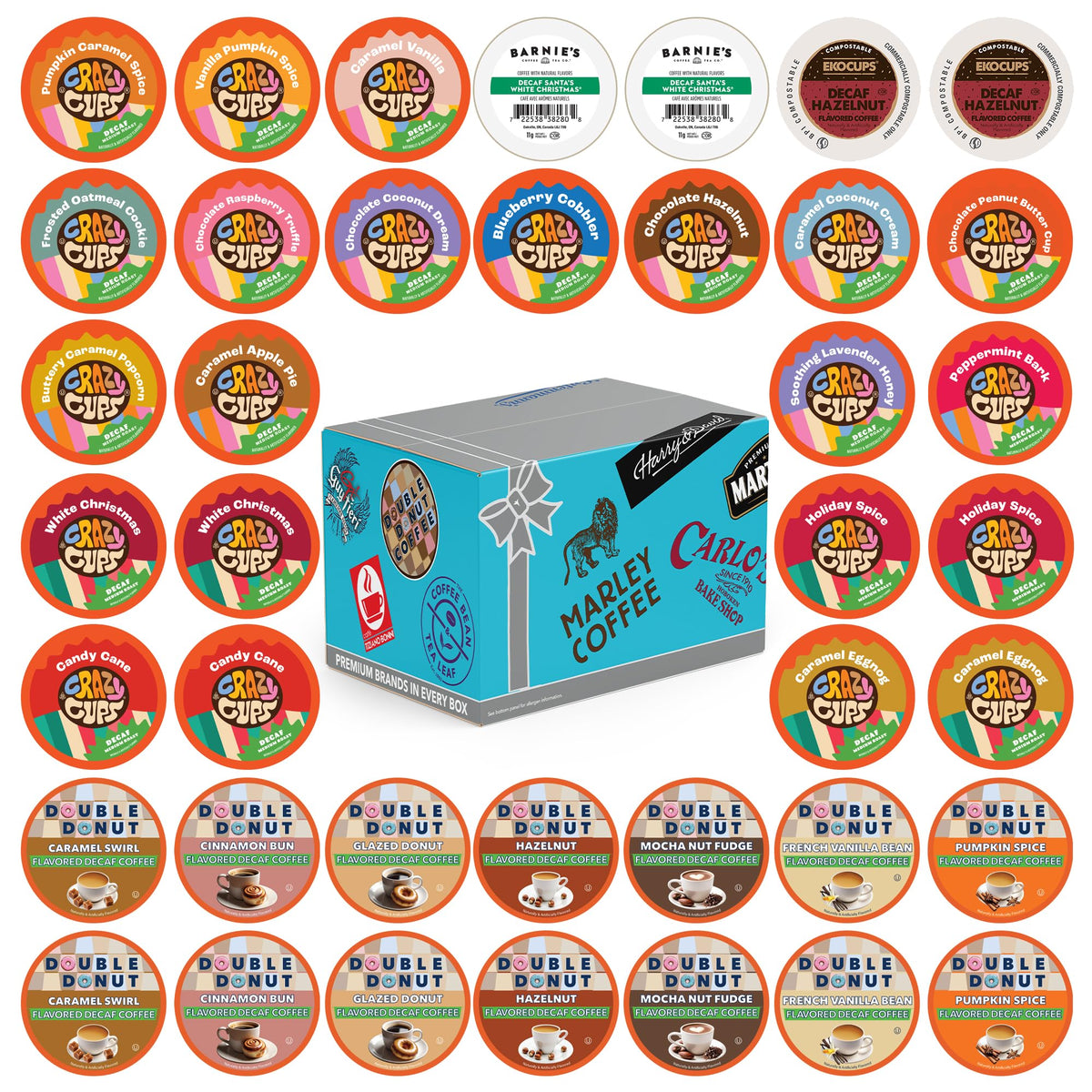 Crazy Cups decaf variety pack box with 40 pods for Keurig, tastings ready