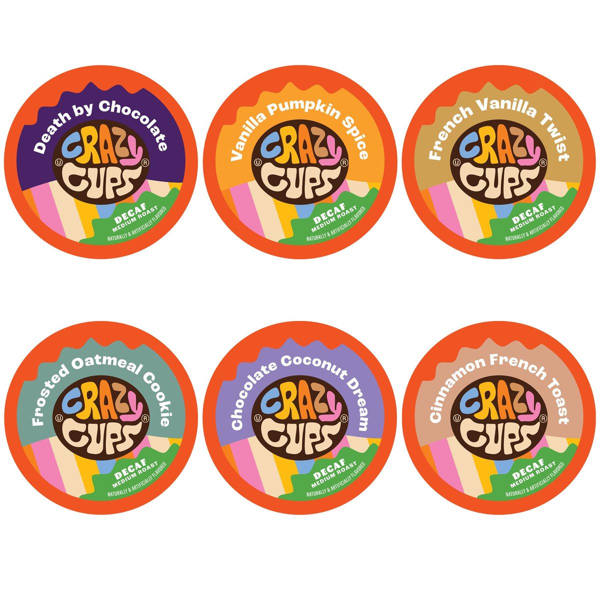 Crazy Cups decaf variety pack box showing evening flavor exploration.
