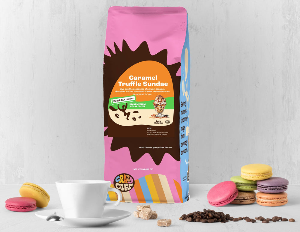Crazy Cups flavored decaf caramel ground coffee bag ready for bold, sugar-free flavor.