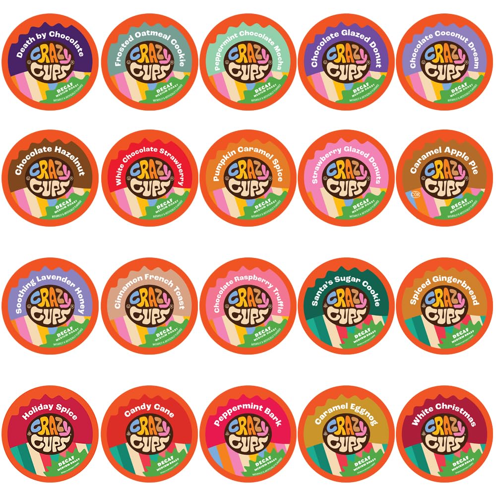 Crazy Cups flavored decaf coffee pods in assorted flavors for daily tasting variety.