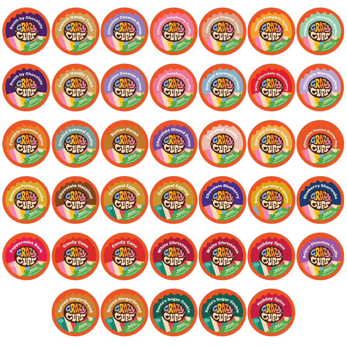 Crazy Cups decaf flavor variety pack in a box, ideal for at-home tastings