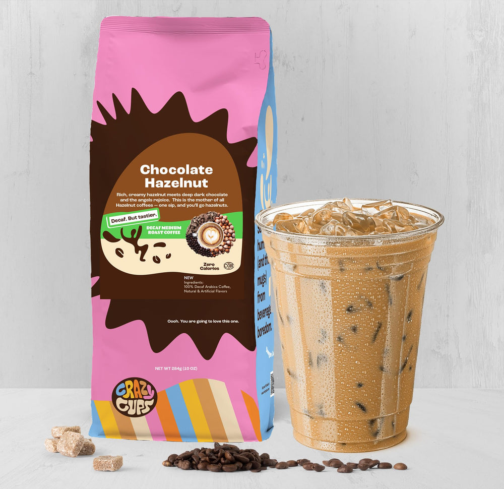 Crazy Cups hazelnut decaf iced coffee in a tall glass, refreshing and flavorful