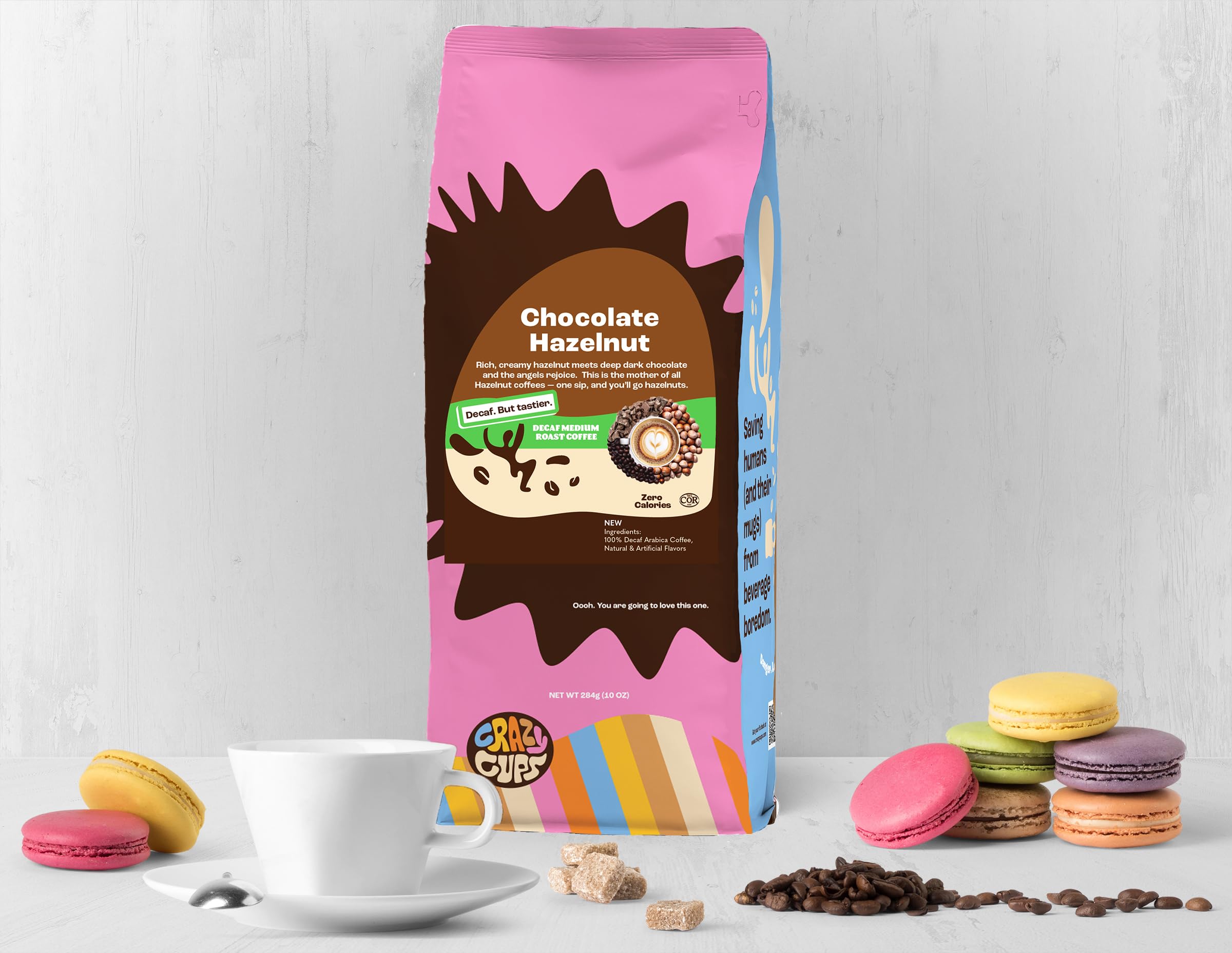 Crazy Cups hazelnut decaf grounds pour into a cup for a smooth flavor