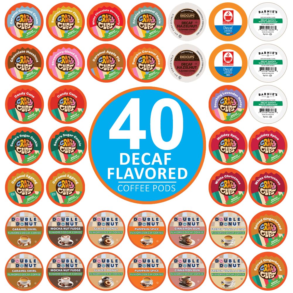 Crazy Cups decaf flavor pods in a 40-pack for Keurig brewers, assorted flavors.