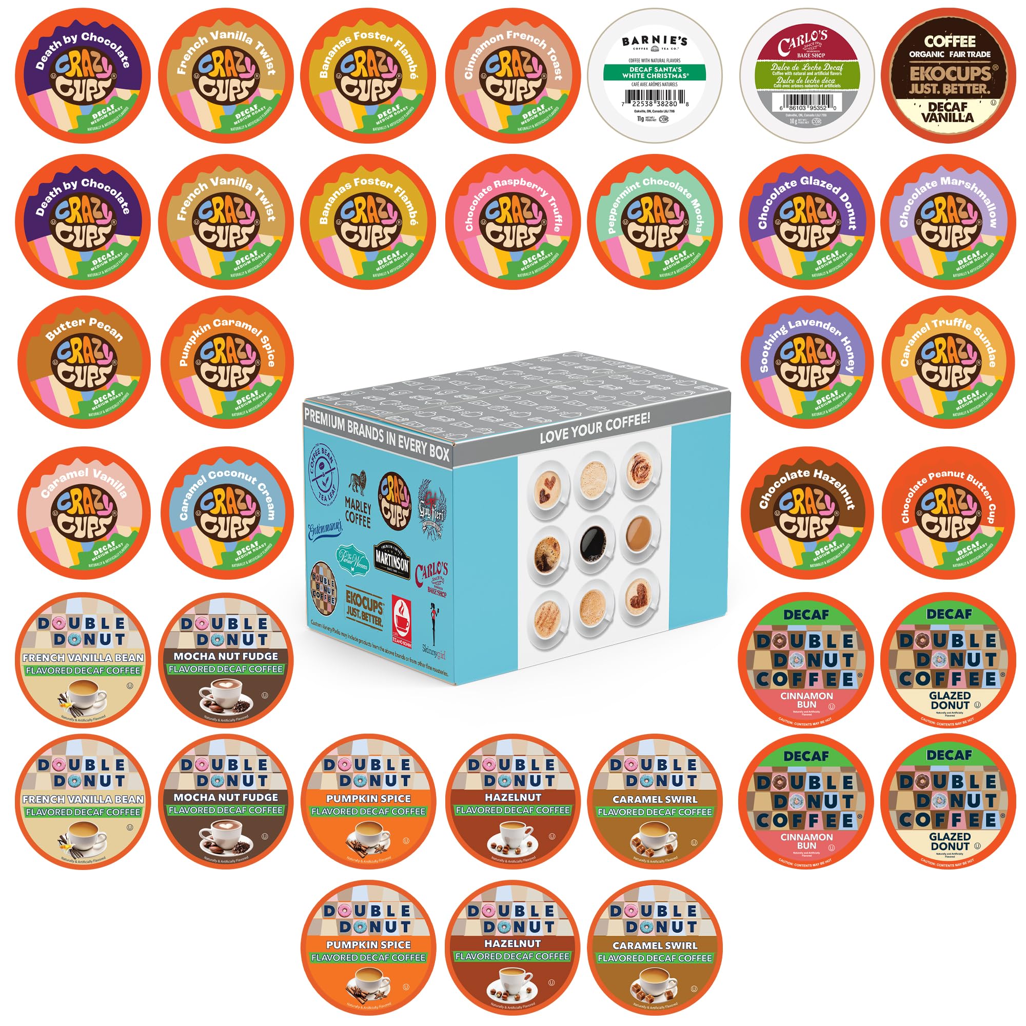 Crazy Cups flavored decaf pods variety pack—36-count for easy flavor tasting at home.