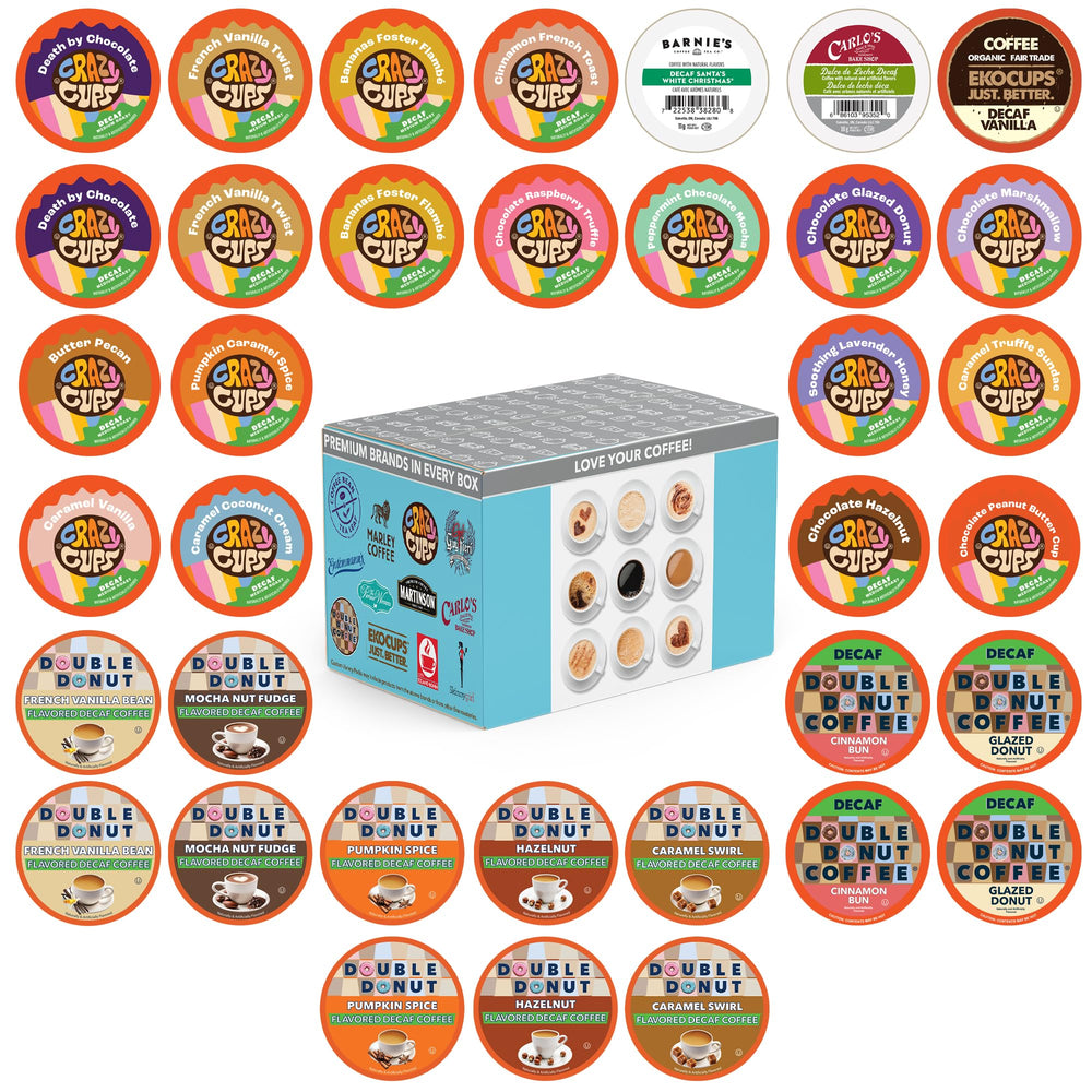 Crazy Cups flavored decaf pods variety pack—36-count for easy flavor tasting at home.