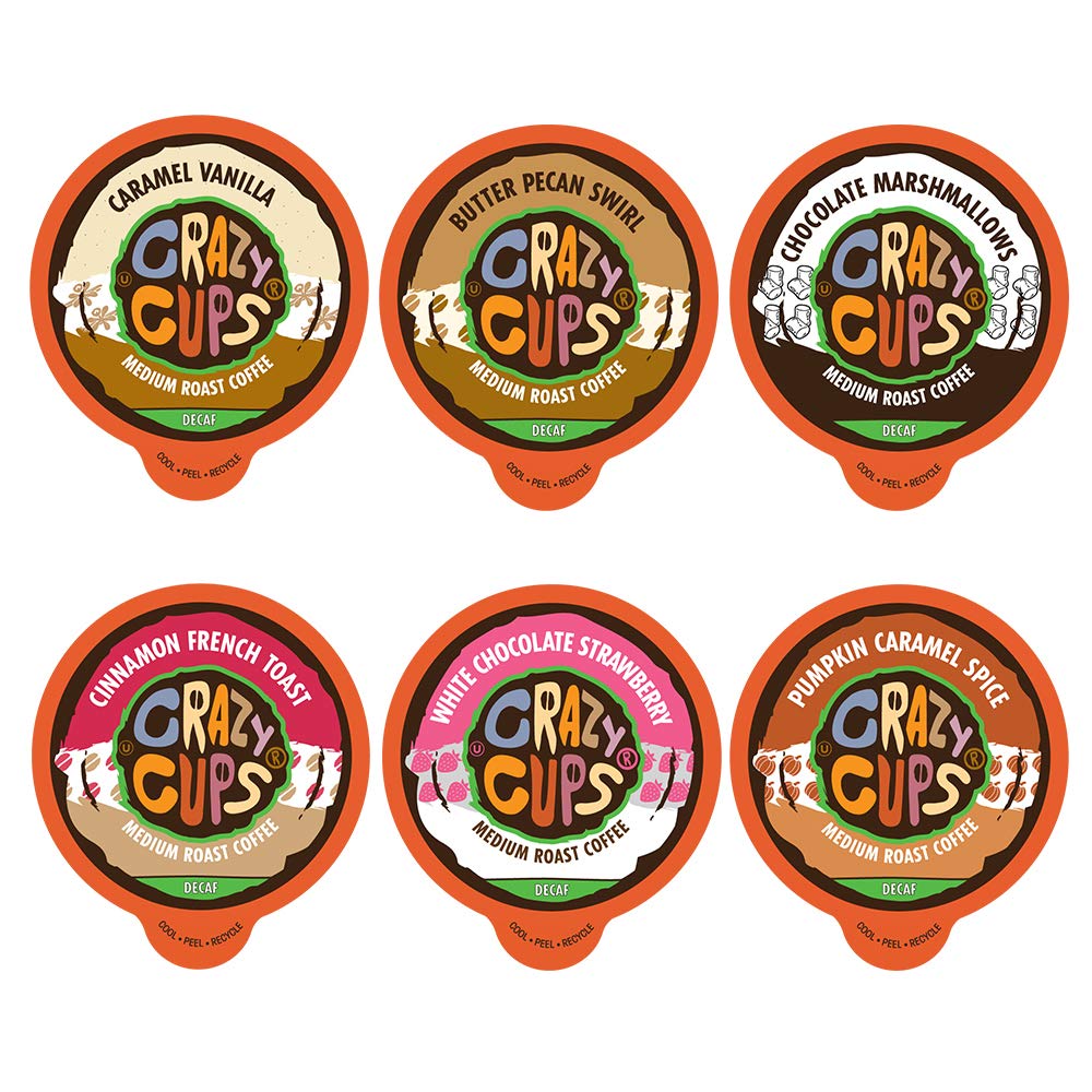 Crazy Cups flavored decaf variety box showcases a range of dessert-inspired options for evenings.