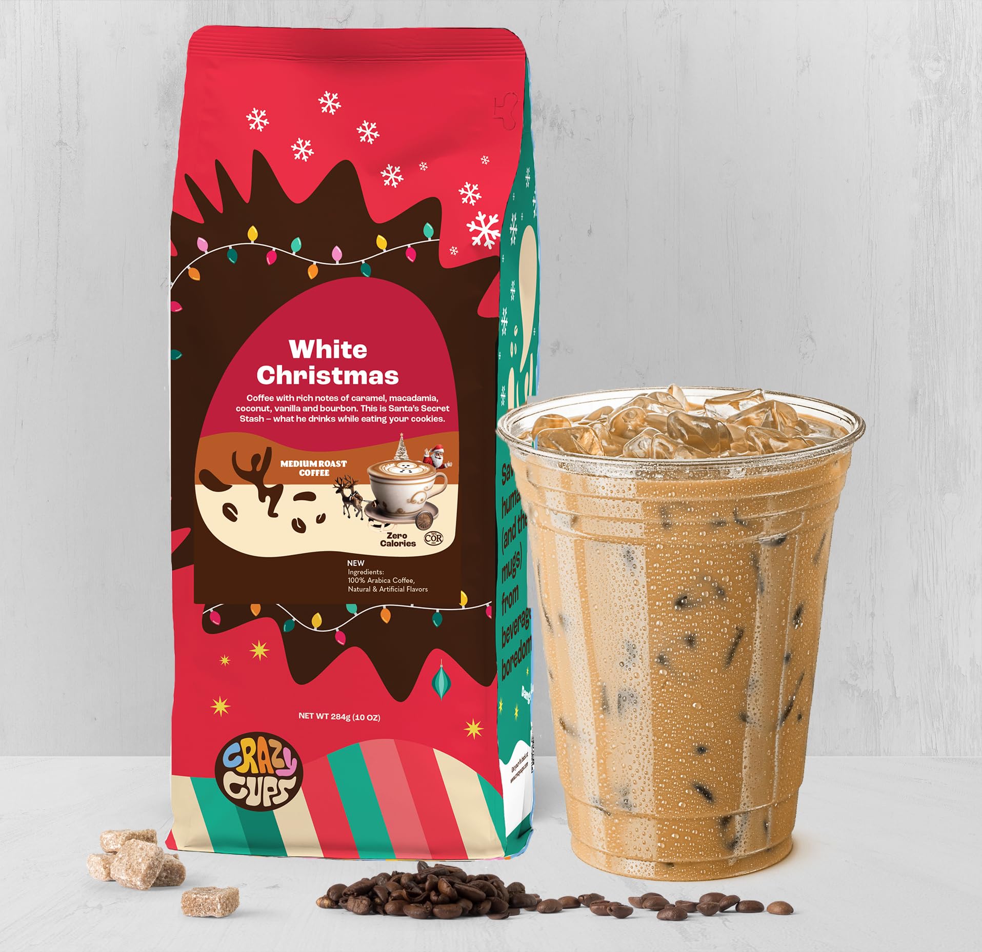 Crazy Cups flavored ground coffee with spoon highlighting rich, sugar-free flavor.