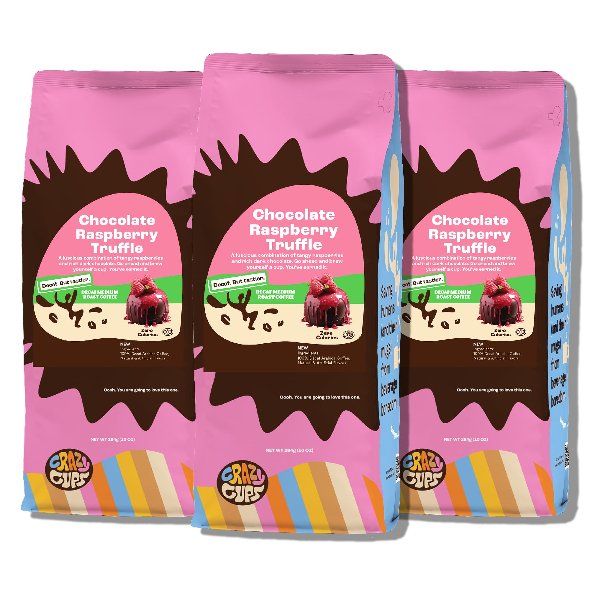 Crazy Cups decaf chocolate raspberry coffee bag front shows flavor without caffeine