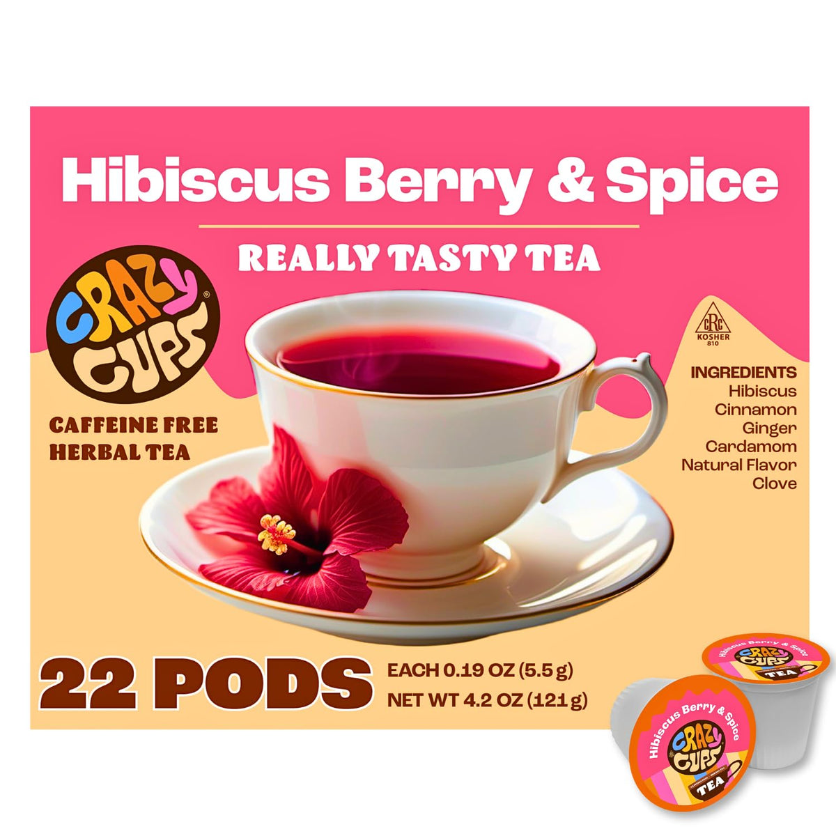Crazy Cups hibiscus berry spice tea pods with fruity aroma for a relaxing cup