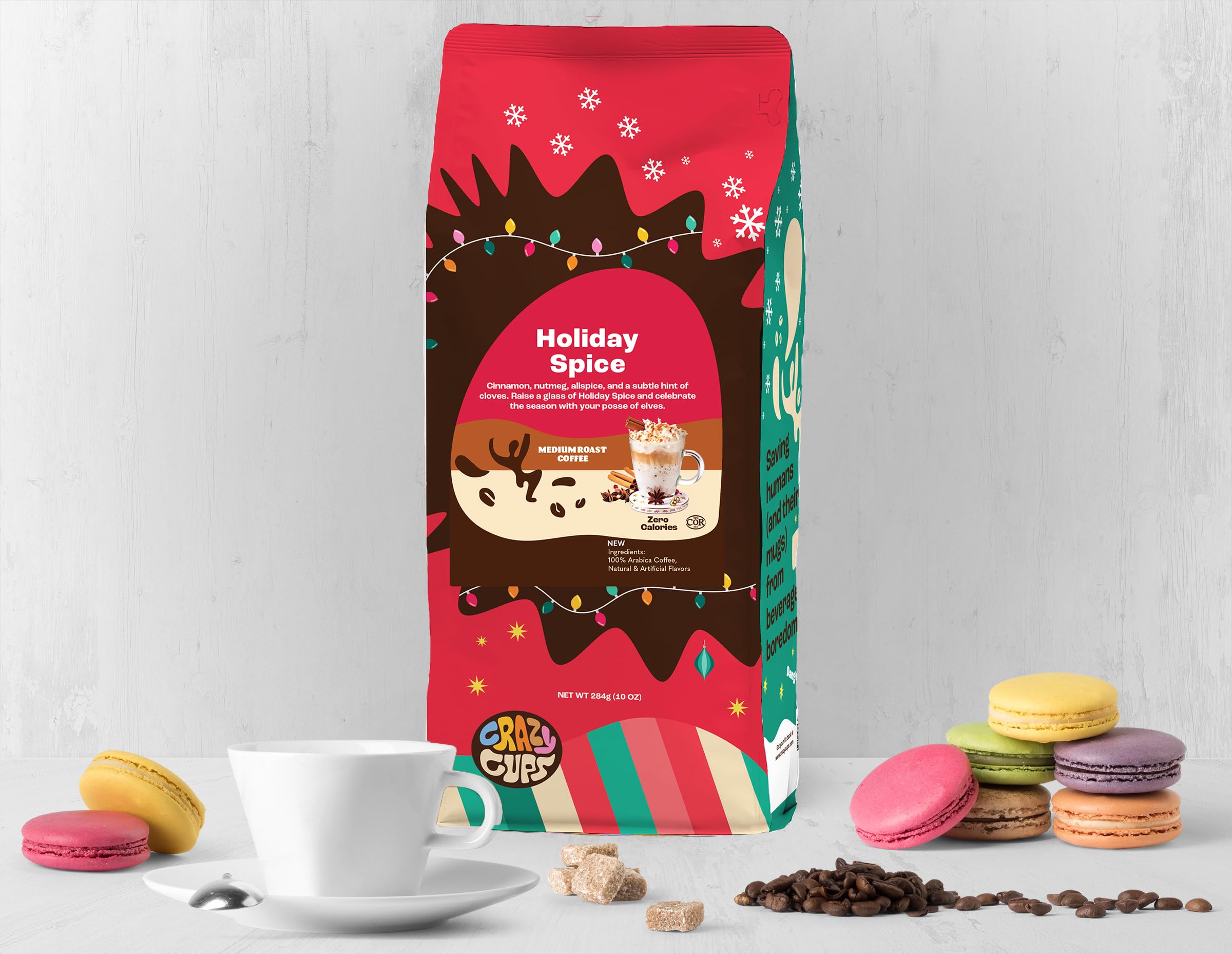 Crazy Cups Holiday Spice coffee steaming mug showing warm flavor for hot beverages.