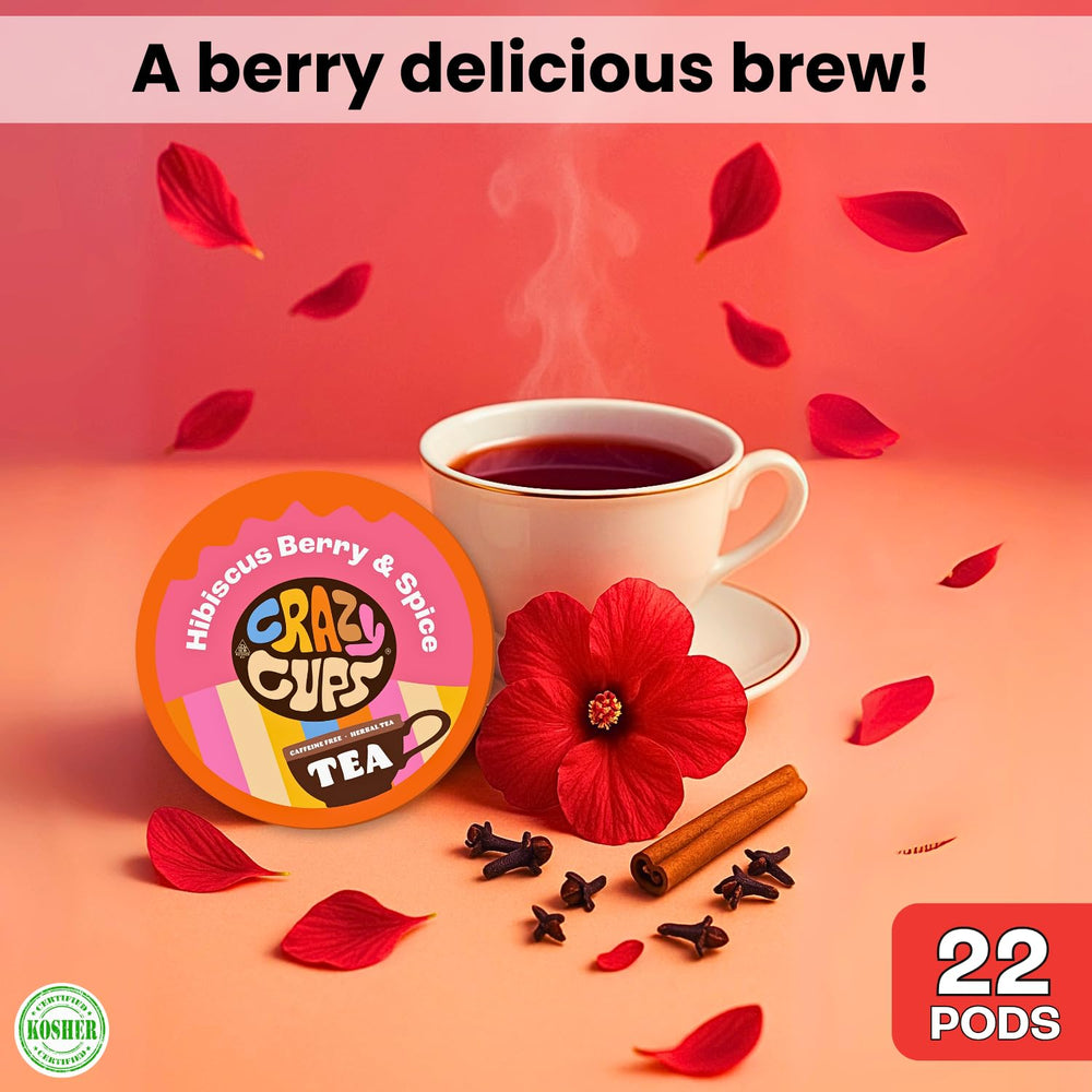 Hot brew of Crazy Cups hibiscus berry spice tea in a mug