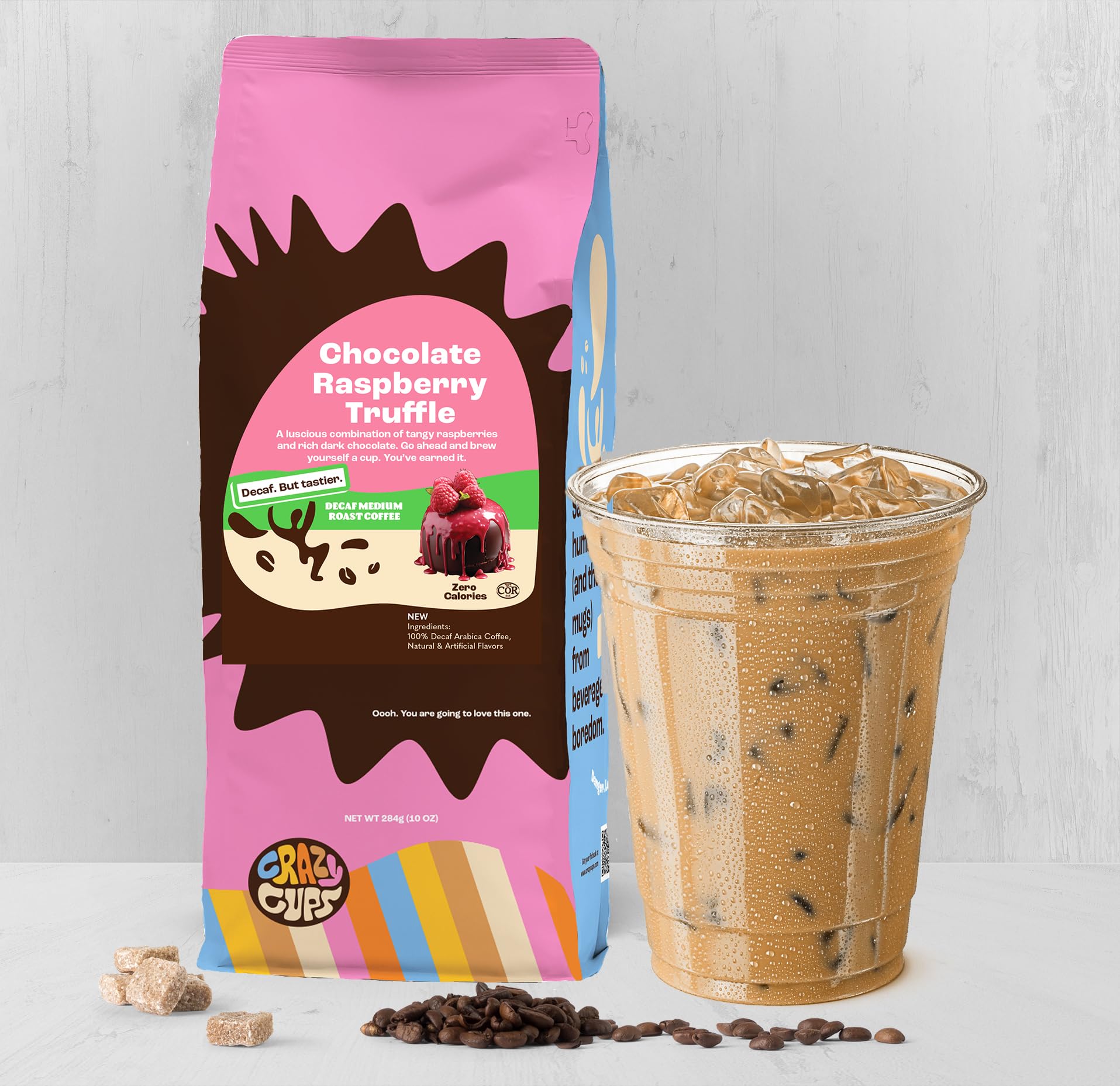 Hot Crazy Cups coffee in a mug with chocolate raspberry notes