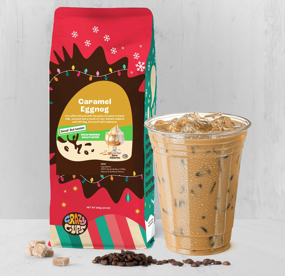 Crazy Cups iced eggnog coffee in a glass, refreshing and bold.