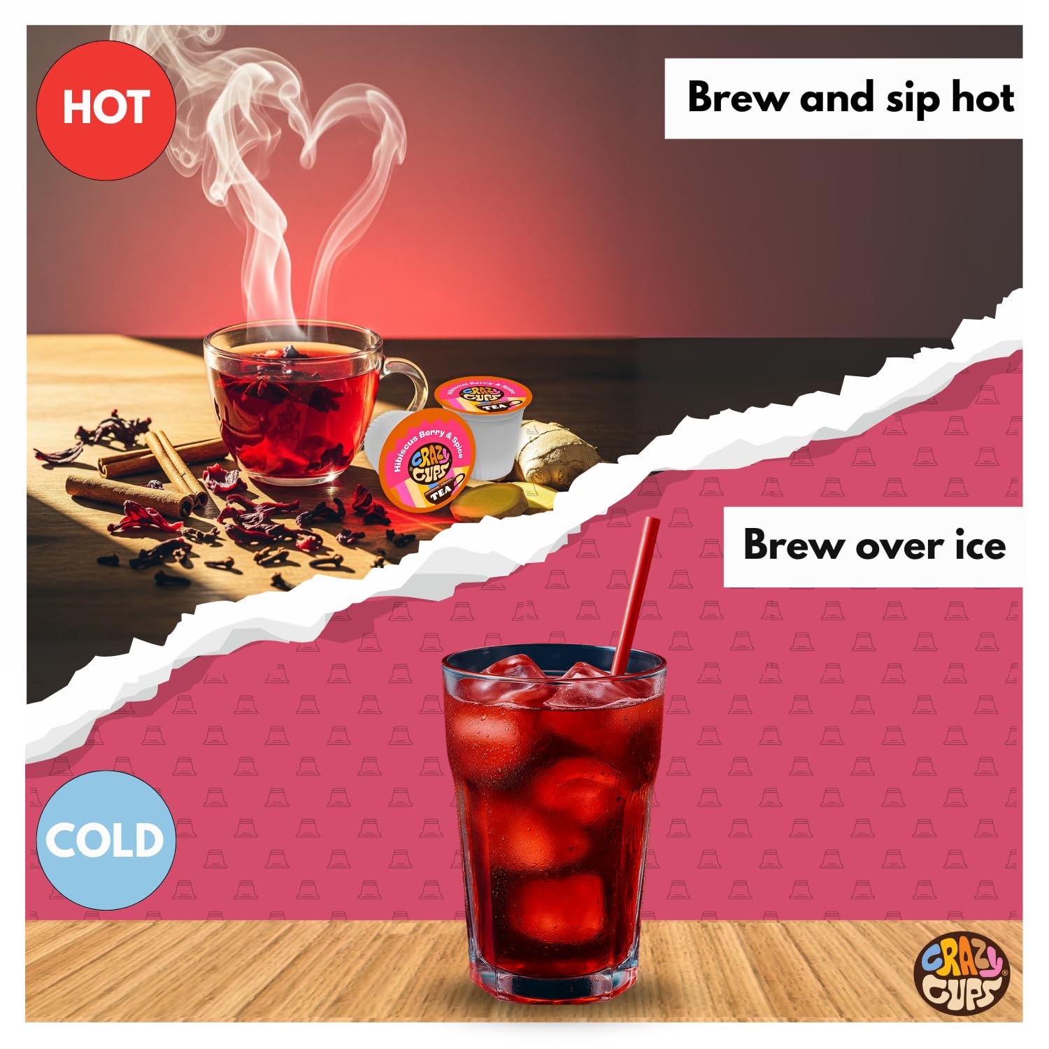 Iced serving of Crazy Cups hibiscus berry spice tea for a refreshing beverage