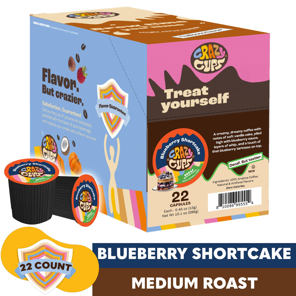 Crazy Cups blueberry pod pouring into cup, evoking bakery aroma.
