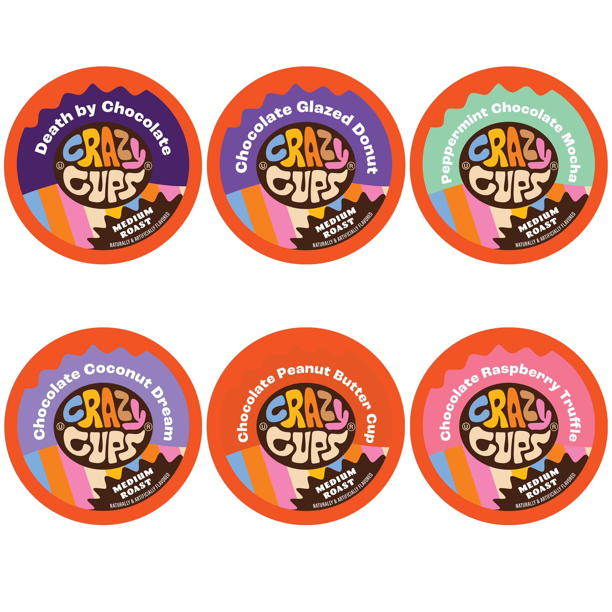 Crazy Cups medium roast chocolate coffee pods in a box for home brewing.