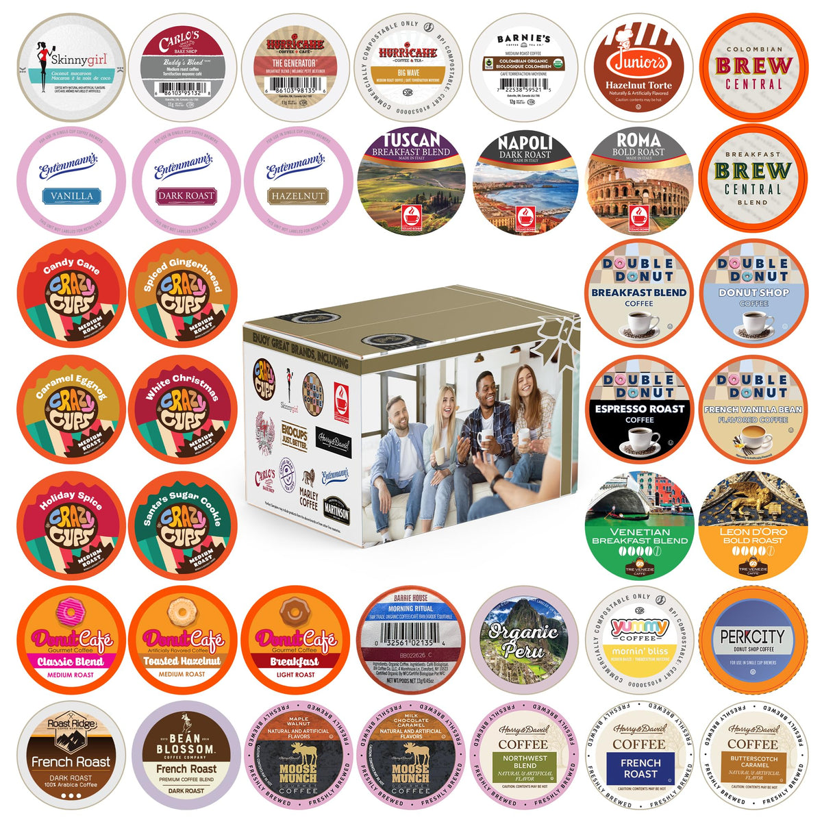 Crazy Cups 40-count variety pack on kitchen counter, ideal for versatile mornings.