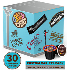 Crazy Cups flavor range highlights coffee, tea, hot chocolate, and cappuccino options.