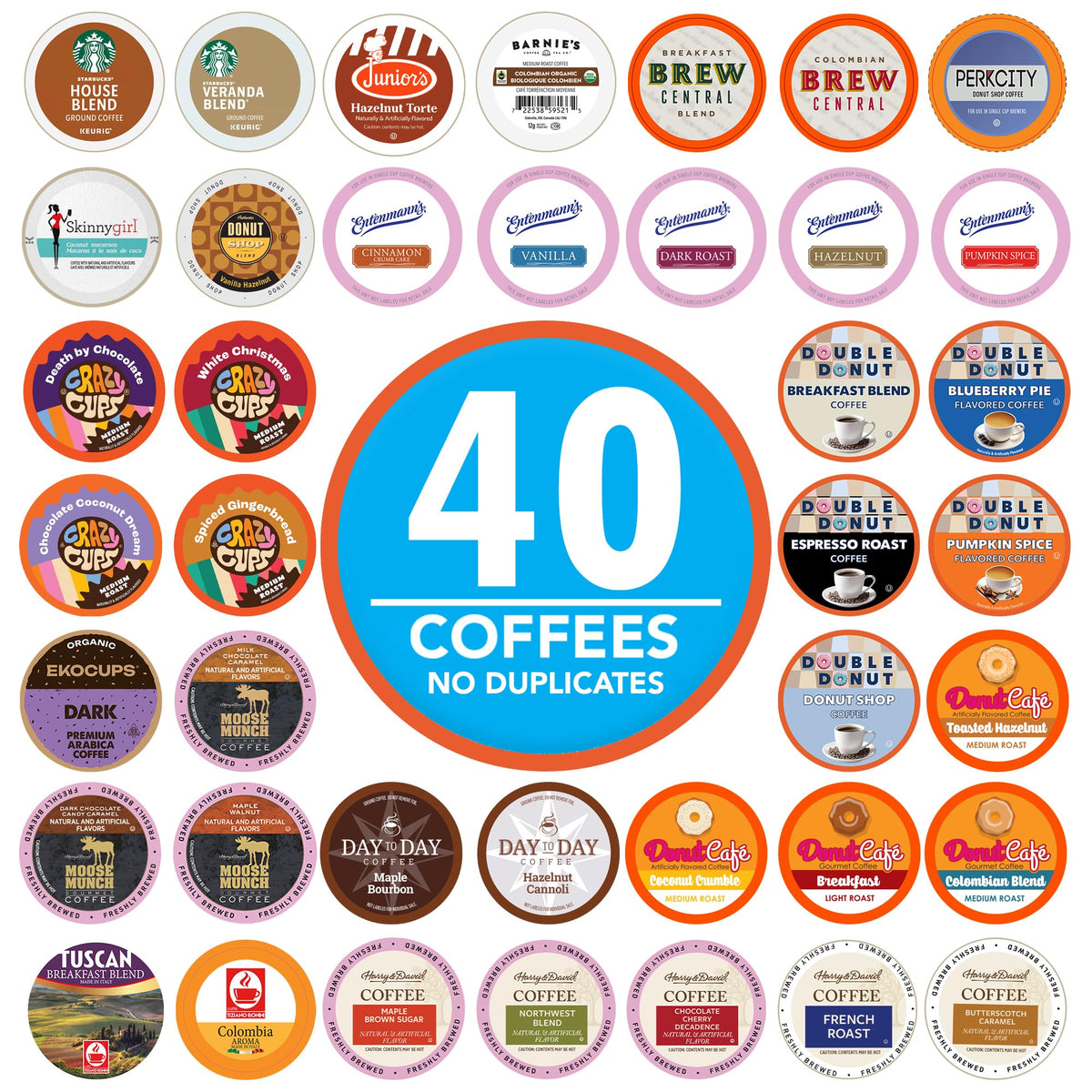 Crazy Cups variety-pack front view with 40 assorted coffee pods for quick mornings.