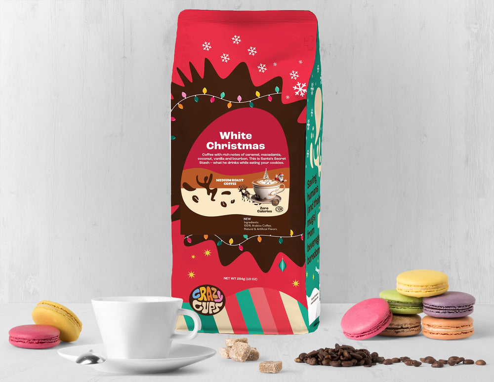 Crazy Cups White Christmas coffee cup with aroma ideal for hot or iced brews.