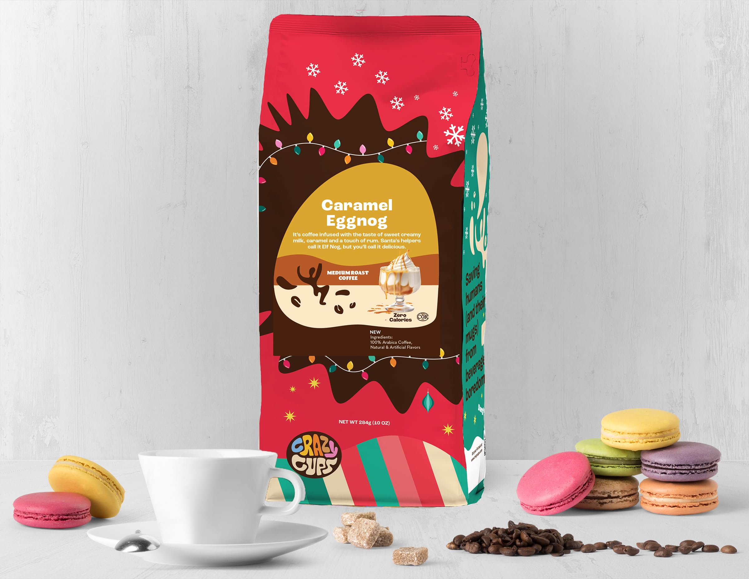Crazy Cups White Christmas ground coffee 10oz bag delivering creamy, comforting flavor