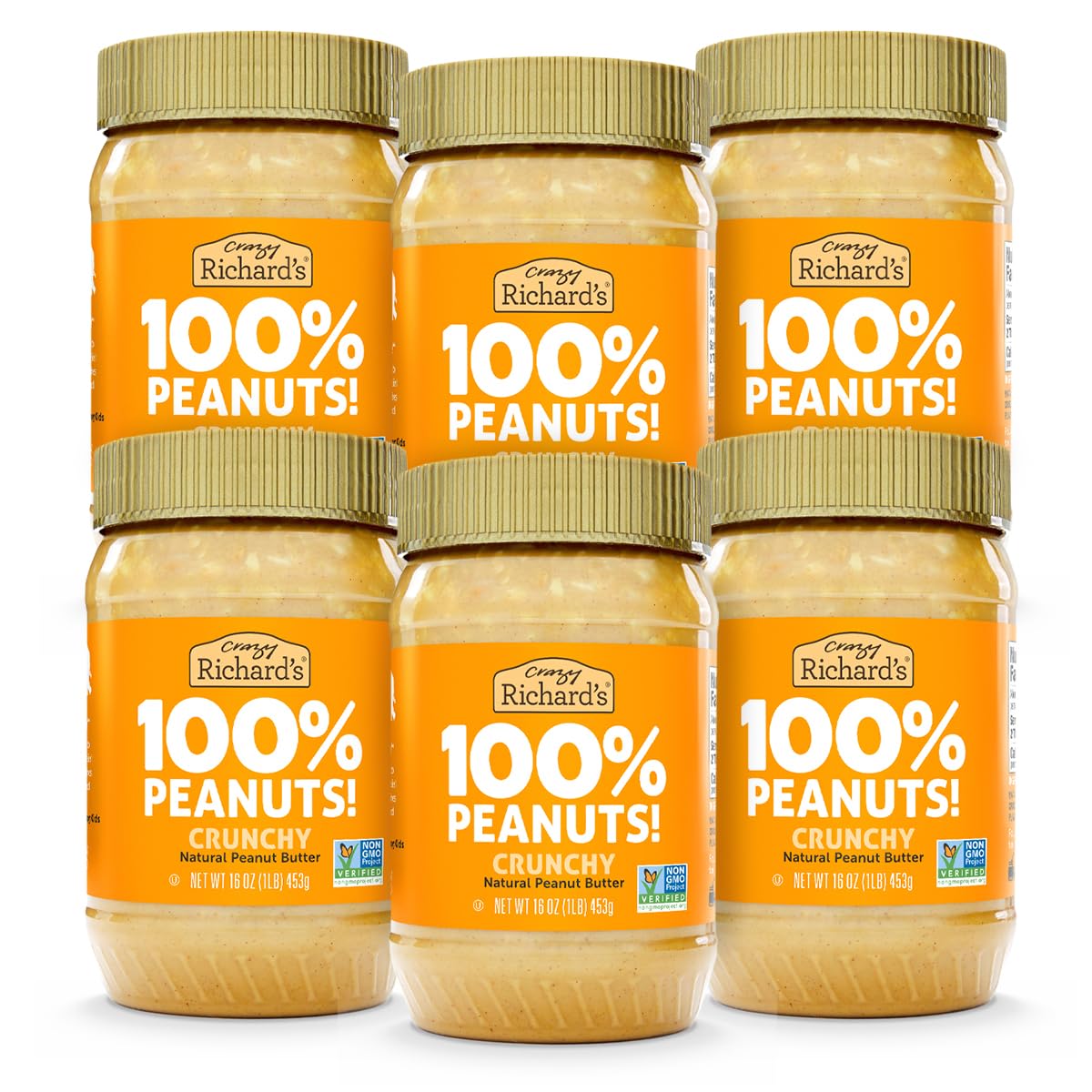 Crazy Richard's crunchy peanut butter jar with natural ingredients, ideal for toast.