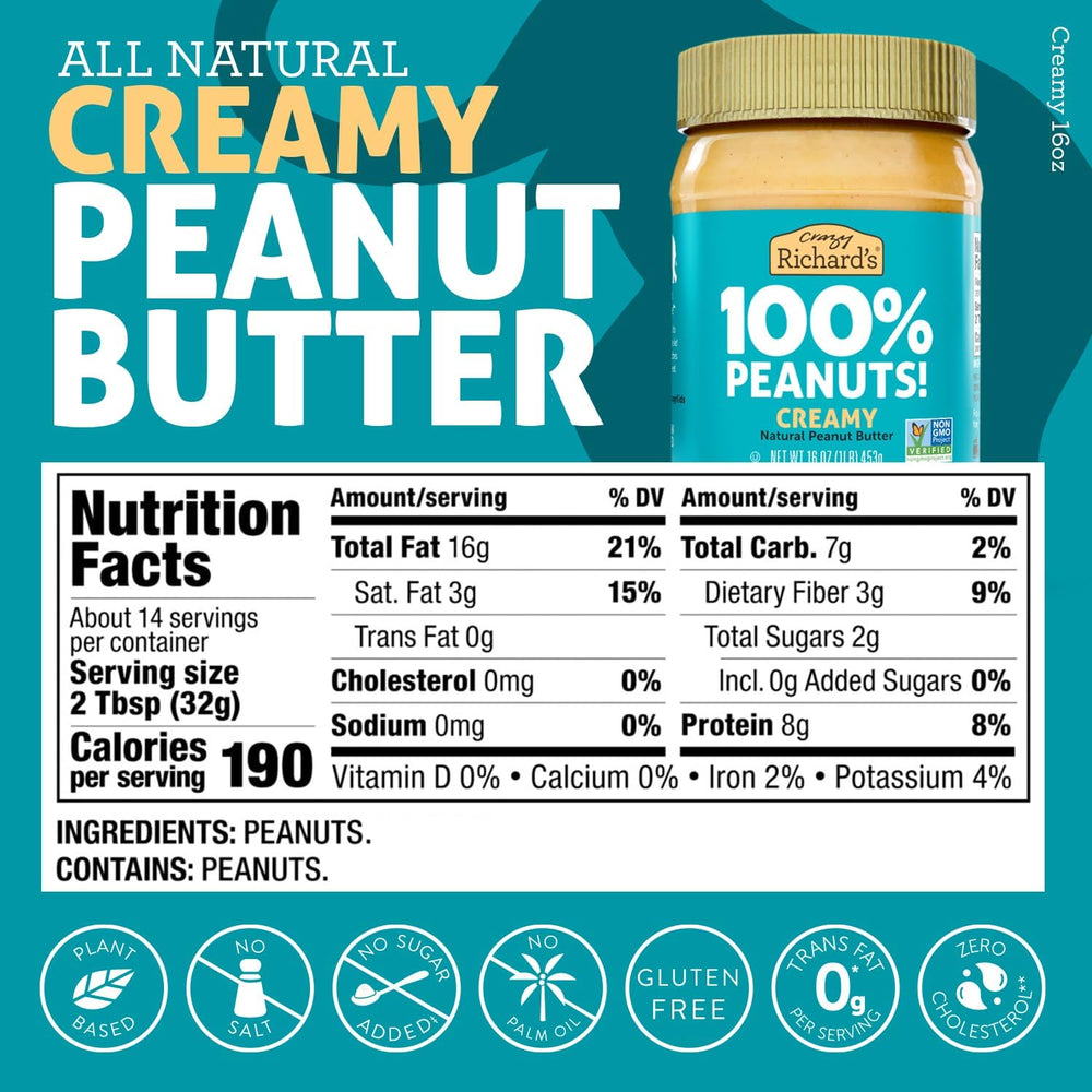 Crazy Richard's crunchy peanut butter jar with chopped peanuts for a satisfying crunch