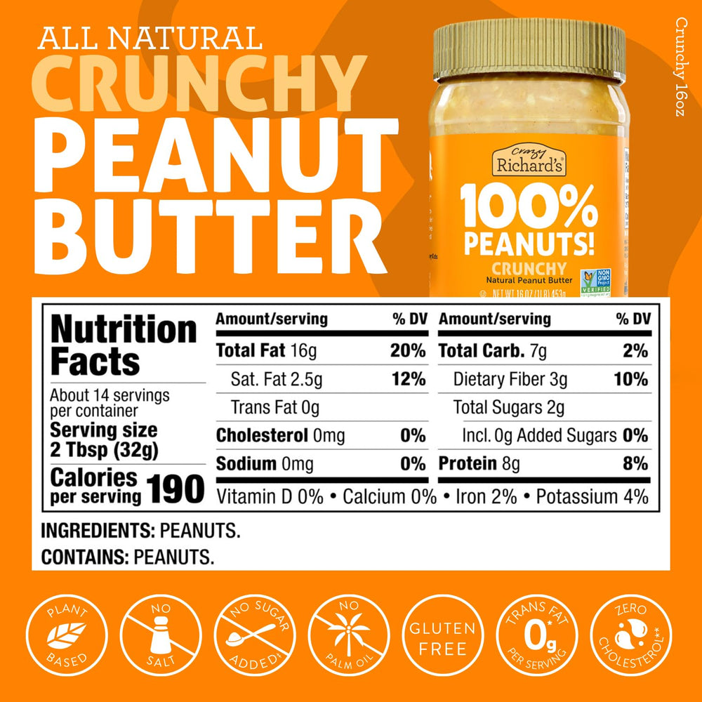 Crazy Richard's crunchy peanut butter spread on toast for breakfast.