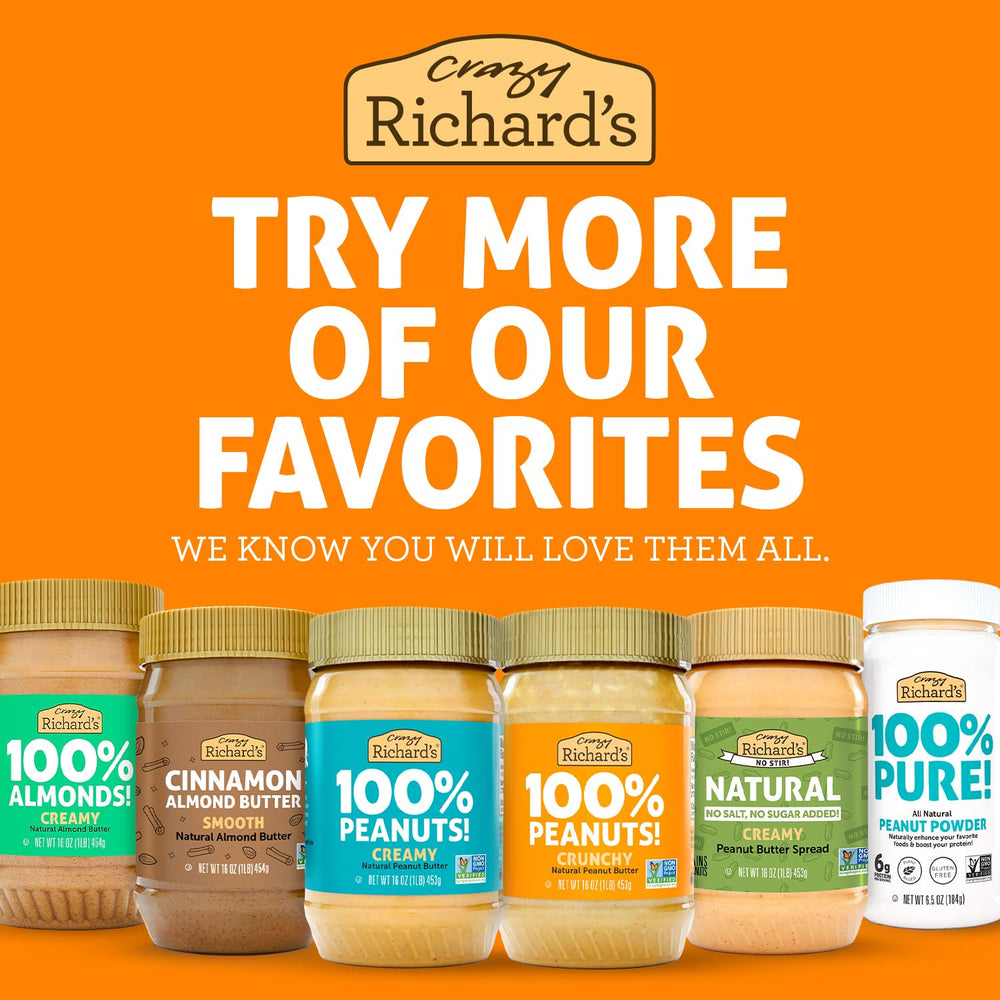 Classic peanut butter sandwich featuring Crazy Richard's crunchy spread.