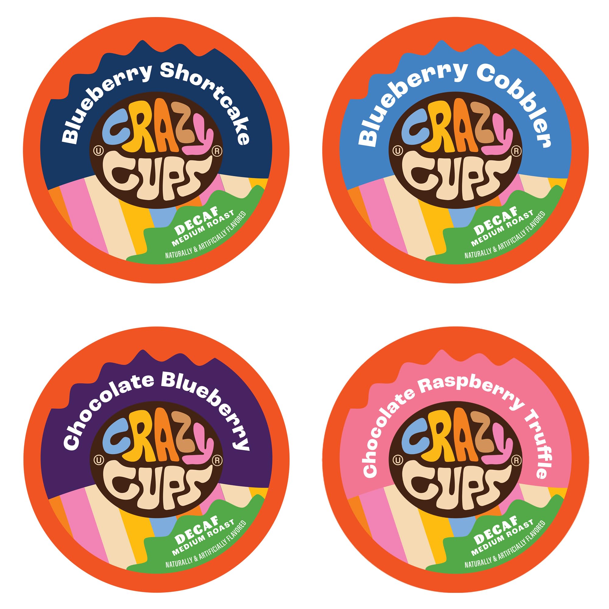 Crazy Cups decaf blueberry pods variety pack box front, inviting berry aroma