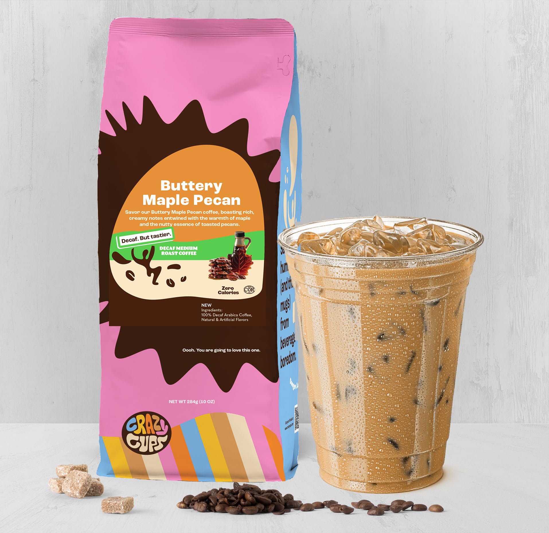 Crazy Cups Decaf Maple Pecan ground coffee in morning routine emphasizes caffeine-free flavor