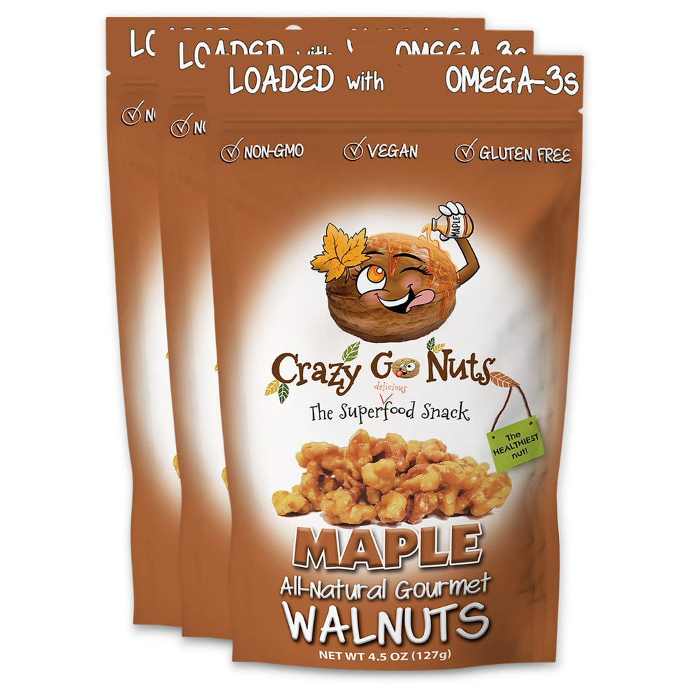 CrazyGoNuts maple glazed walnuts in a bowl, omega-3 rich vegan snack.