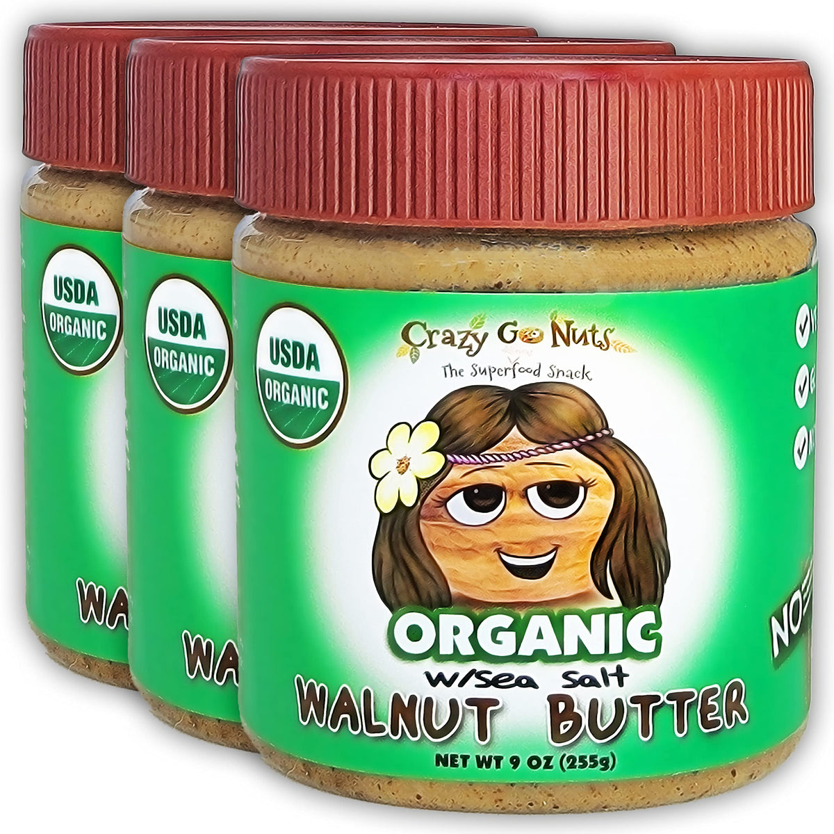 CrazyGoNuts organic walnut butter sea salt 9oz bottle, versatile toast spread.
