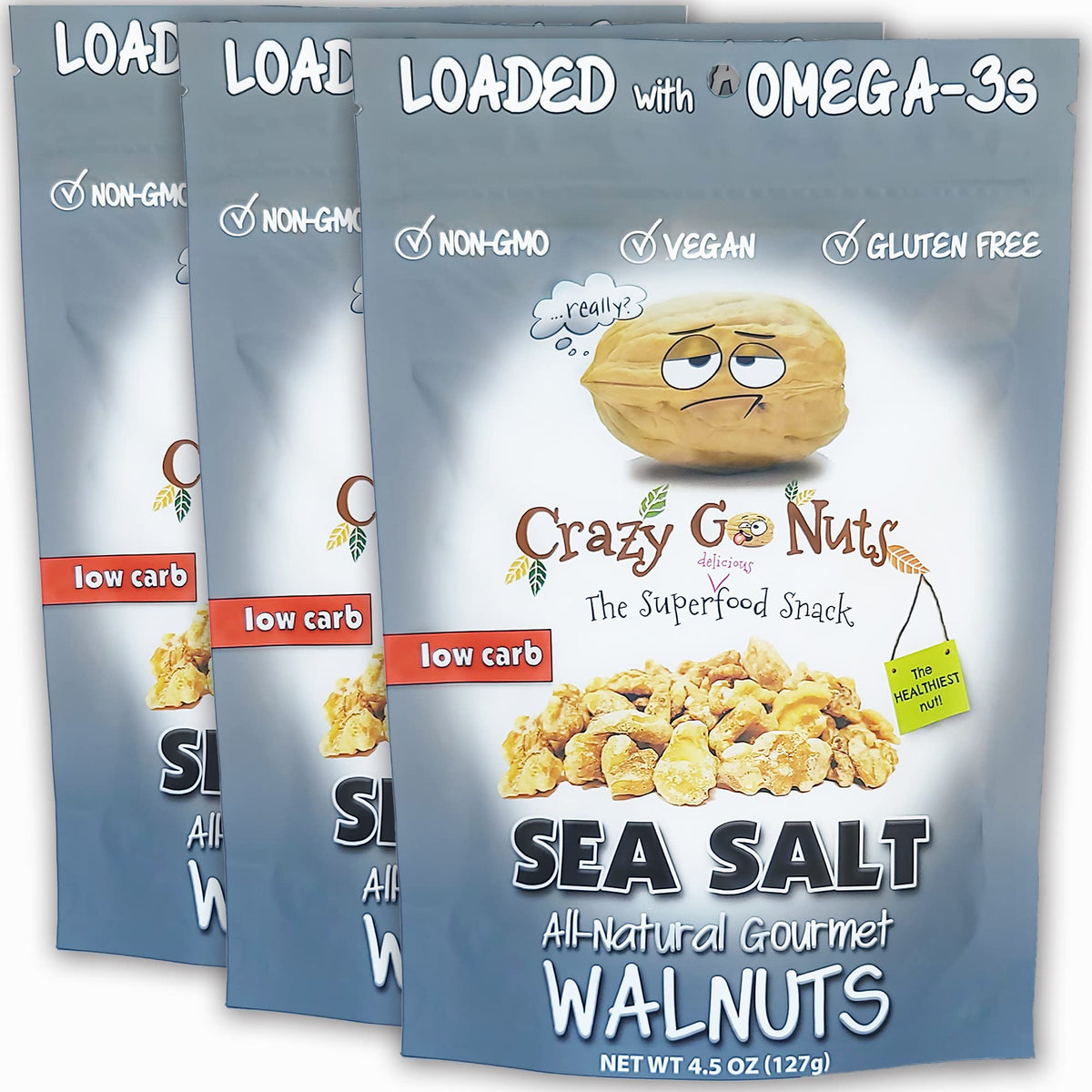 CrazyGoNuts Plain Sea Salt Walnuts in a bag showing vegan, simple ingredients