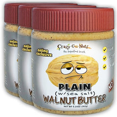 CrazyGoNuts walnut butter plain sea salt jar close-up, creamy texture for snacking with healthy fats.