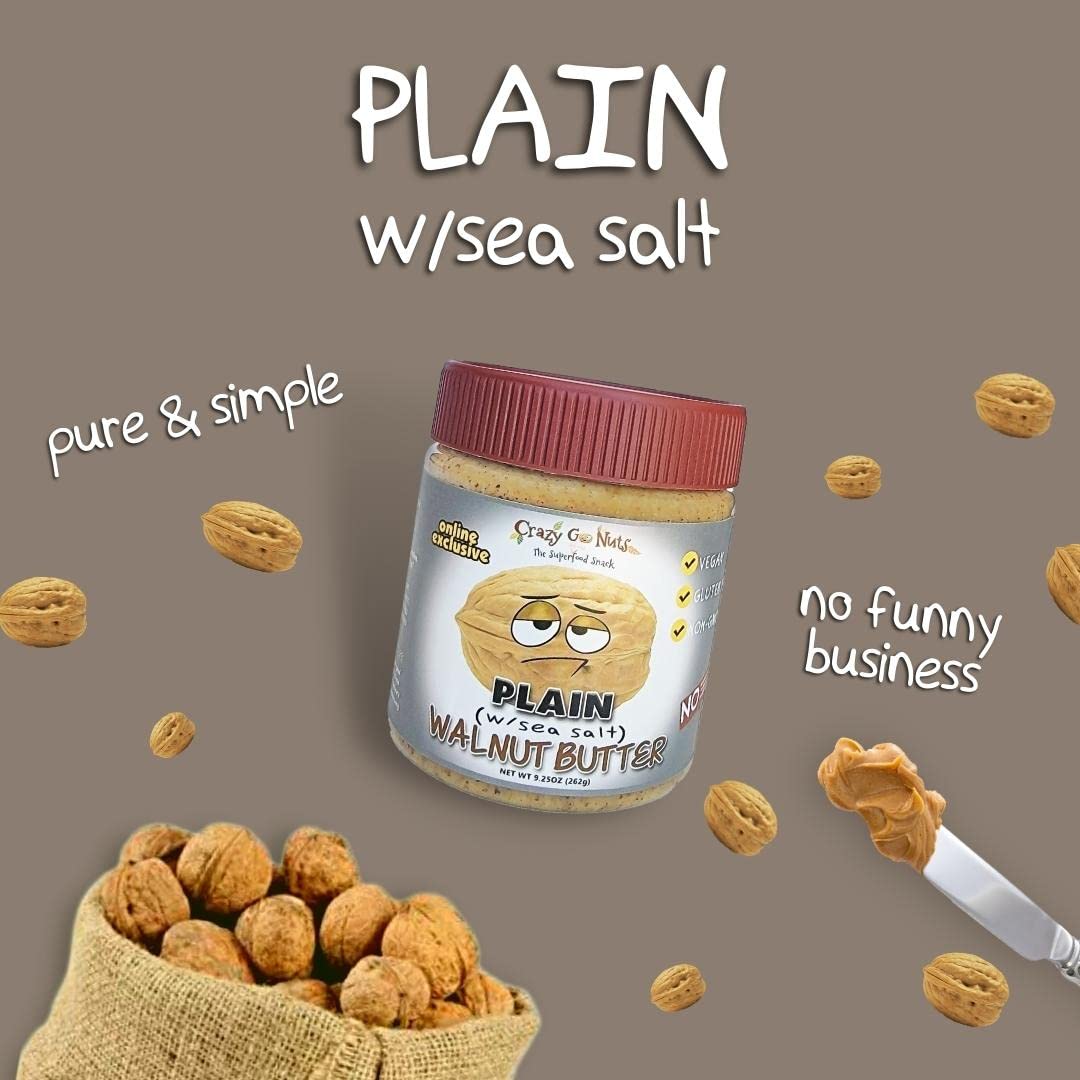 CrazyGoNuts walnut butter plain sea salt spoonful highlighting a smooth, rich spread.