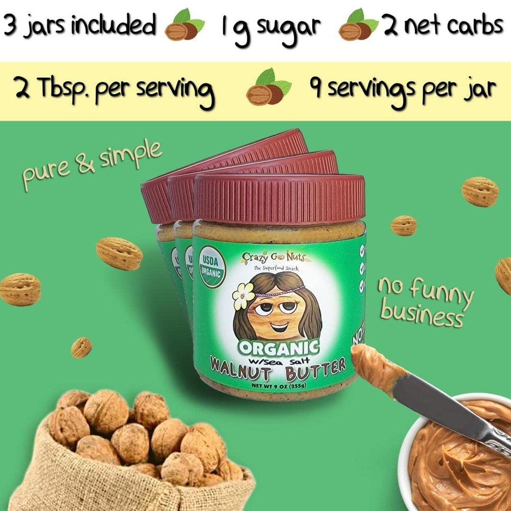 Spoon dipping into CrazyGoNuts walnut butter for quick snacks.