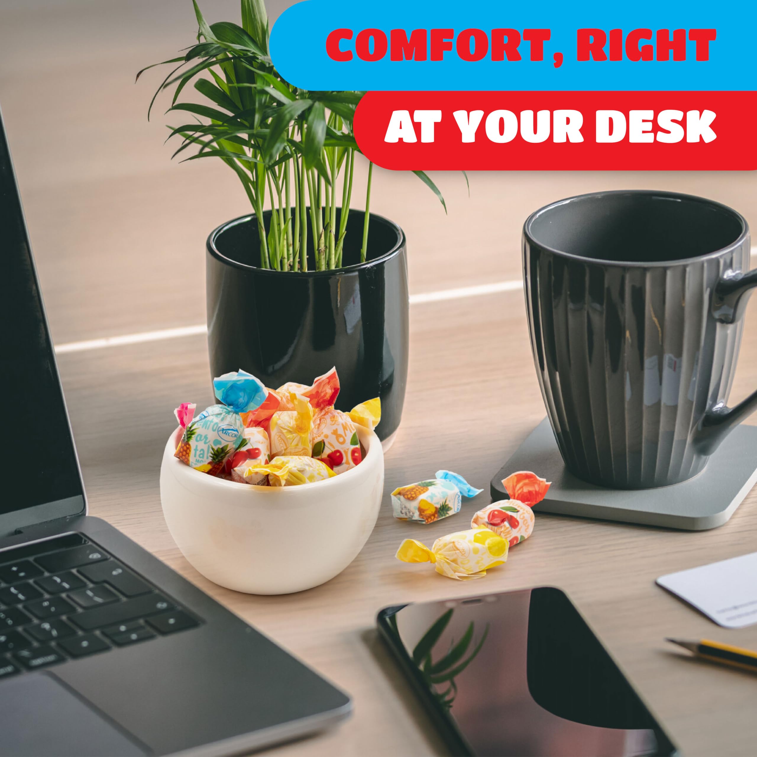 CRAZYOUTLET Arcor Fruit Filled Candy display on an office desk