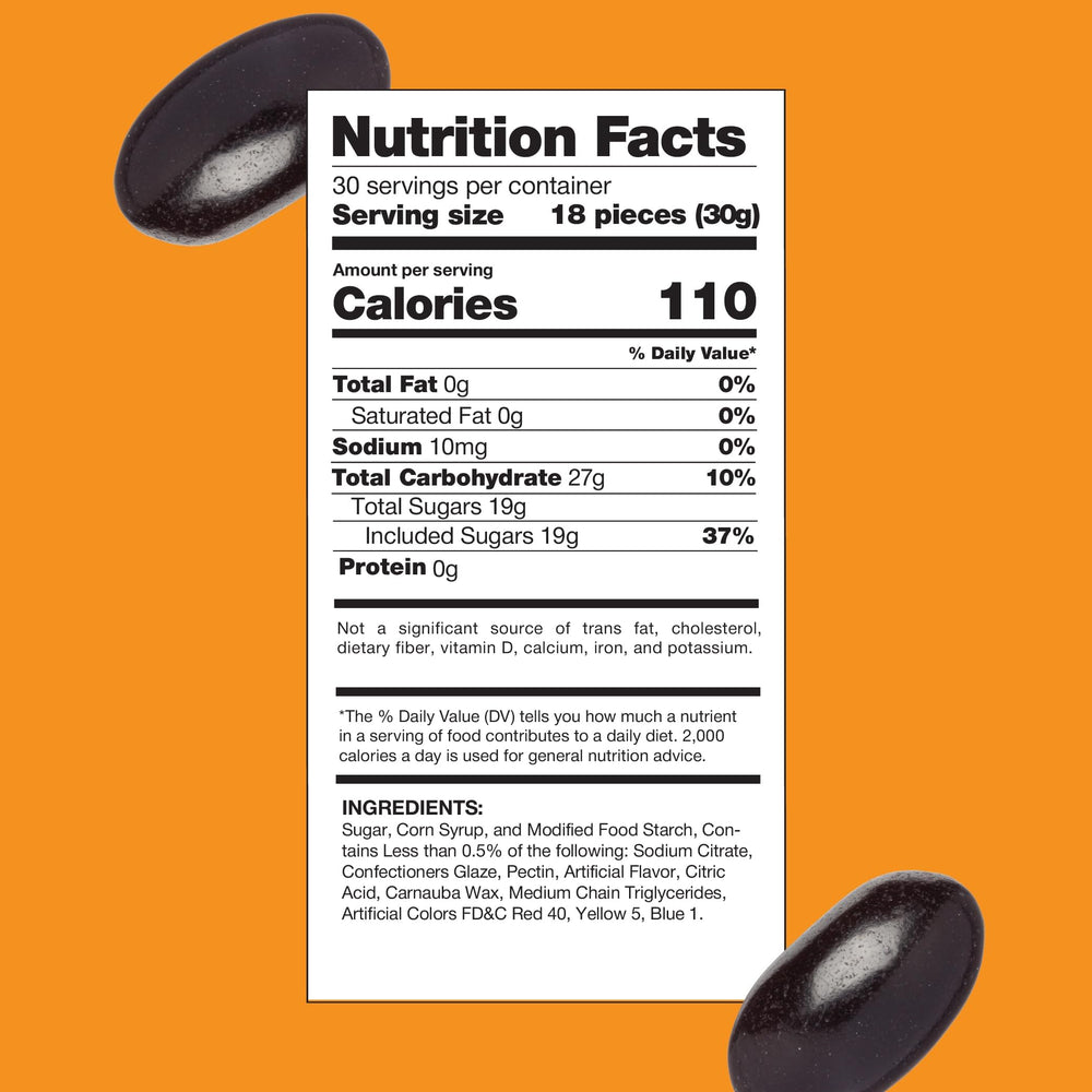 CRAZYOUTLET Black Licorice Jelly Beans glossy shell close-up highlighting chewy texture.