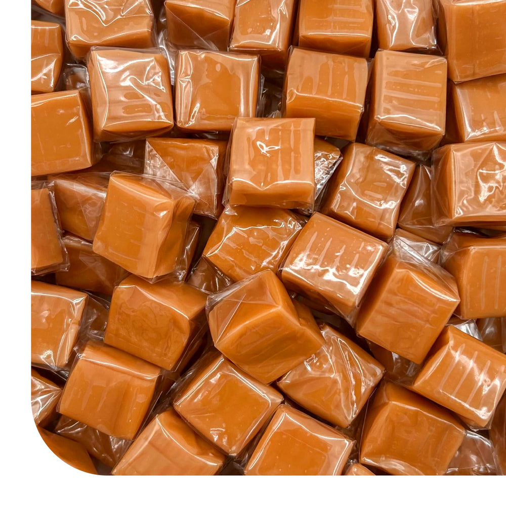 CrazyOutlet Caramel Cubes 2lb pack closeup shows creamy vanilla centers for snacking