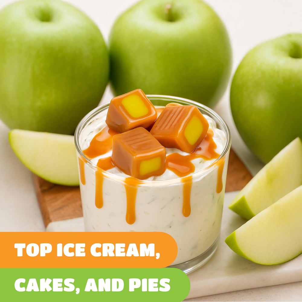 CrazyOutlet Green Apple filling caramel cubes in a party bowl.