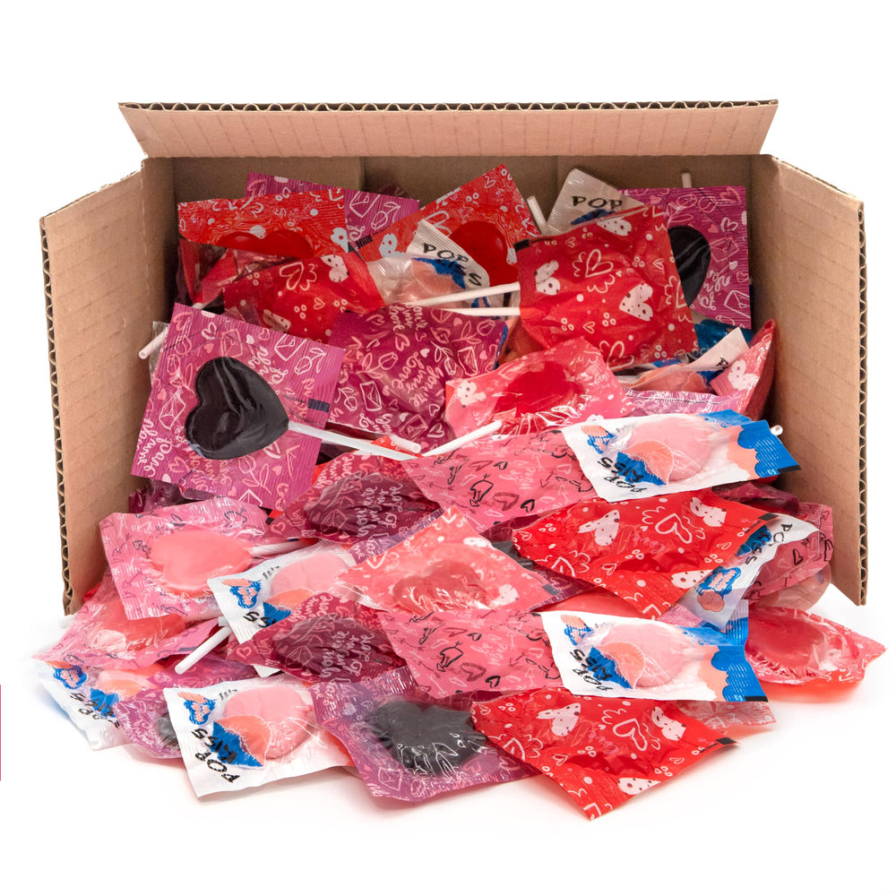 CrazyOutlet classroom candy bowl with ready-to-share heart and lip lollipops.