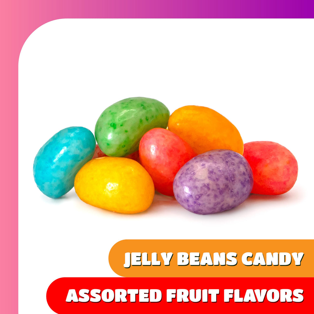 CrazyOutlet jelly beans shown in plastic eggs and baskets for Easter hunts.