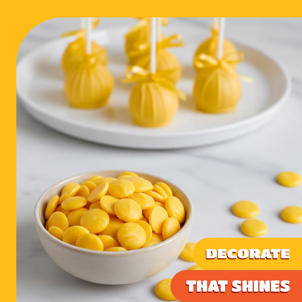 CRAZYOUTLET Merckens yellow-candy-melts for coating decorate cookies and berries beautifully.