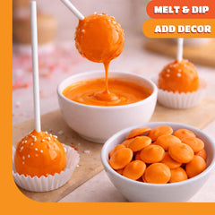 CRAZYOUTLET Merckens Orange melts coating for smooth, glossy dessert surfaces.