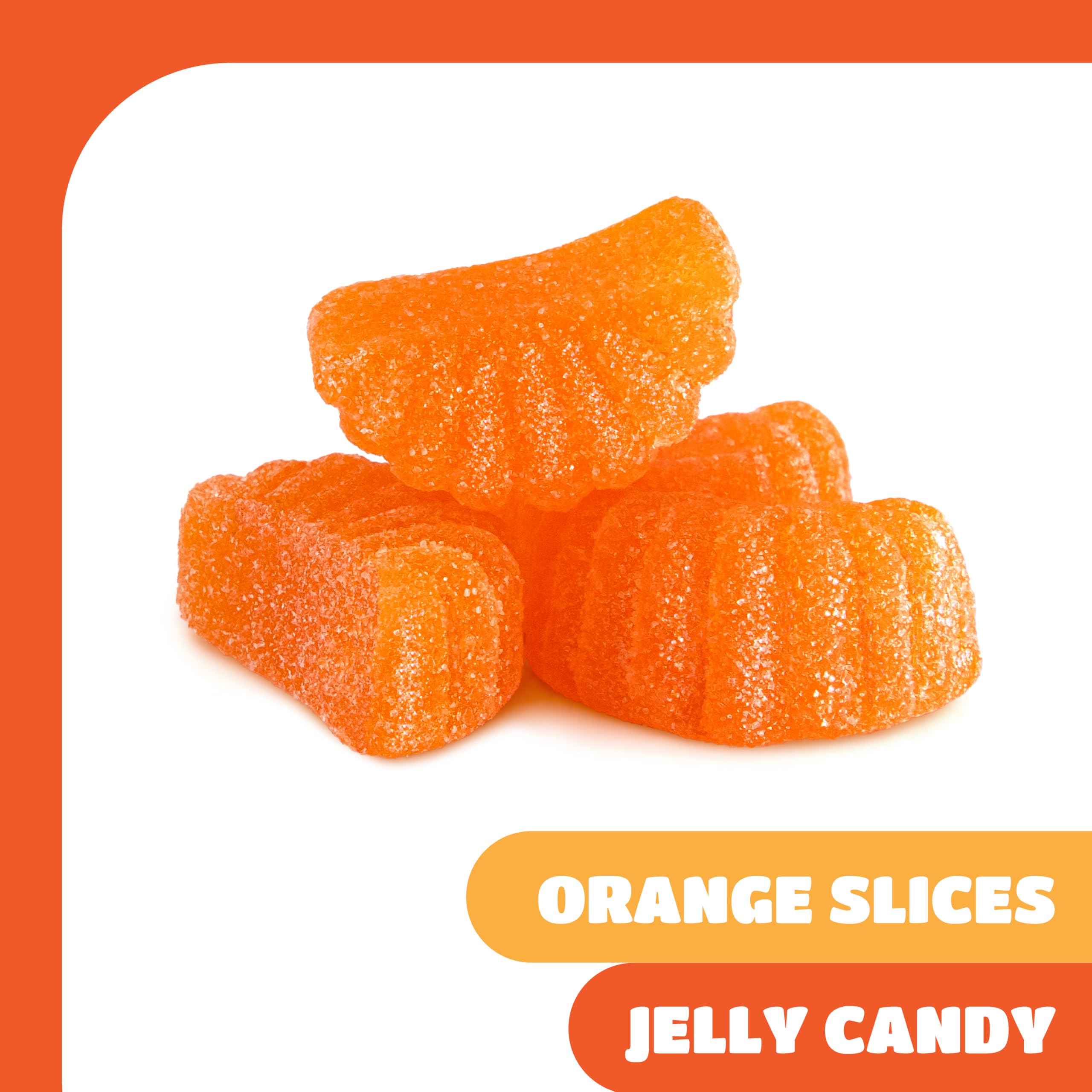 CrazyOutlet Orange Slices 2lb pack closeup, sugar-dusted texture and juicy jelly bite.