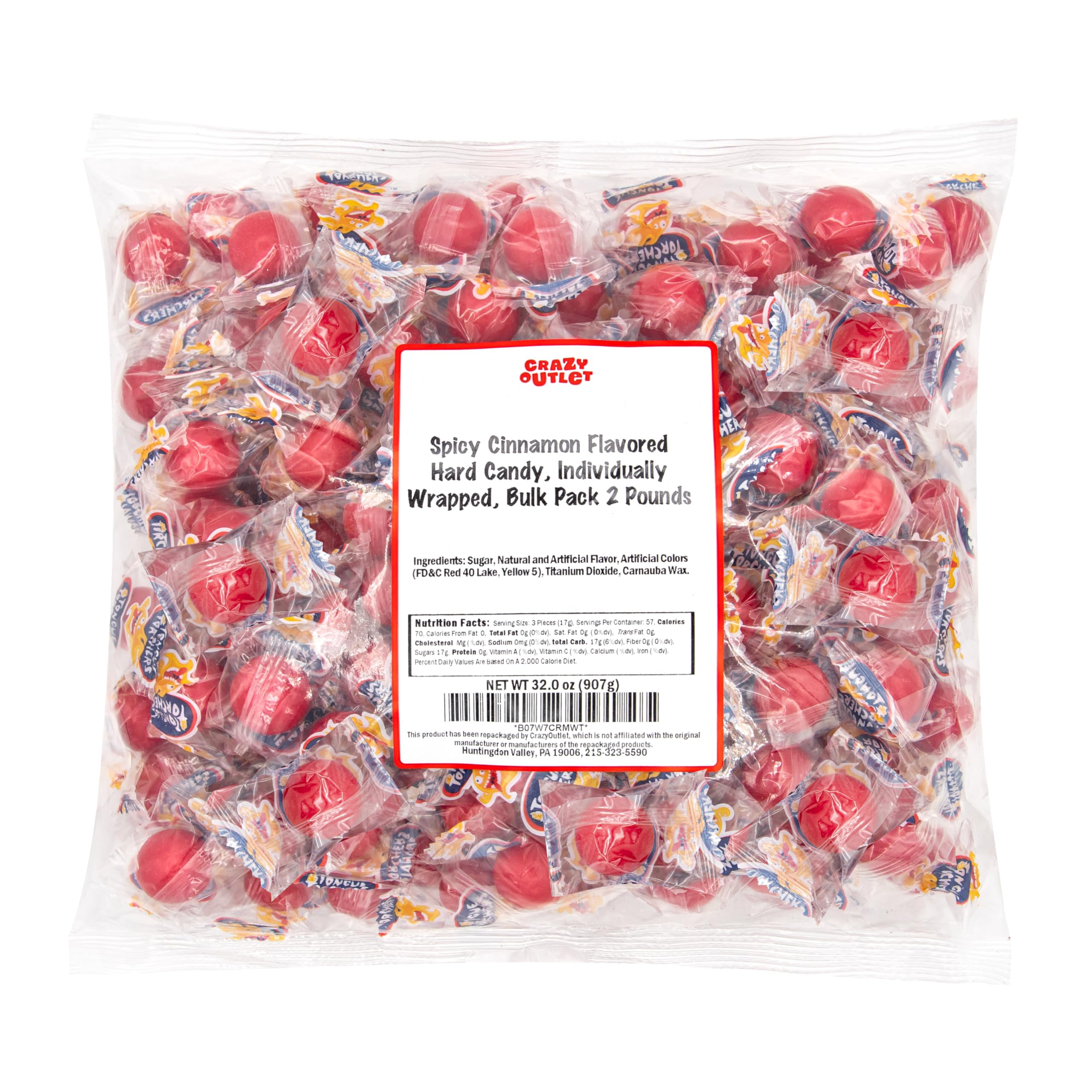 Repackaged CrazyOutlet label on bulk spicy cinnamon jawbreakers for easy distribution